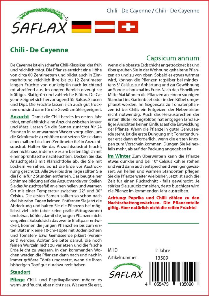 SAFLAX Garden In the Bag - Chili - De Cayenne - 20 Seeds - With Substrate In a Fitting Stand Up Bag - Capsicum Annum