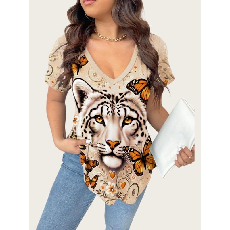 V-neck Casual Animal Print Fashionable Short-sleeved T-shirt for Women