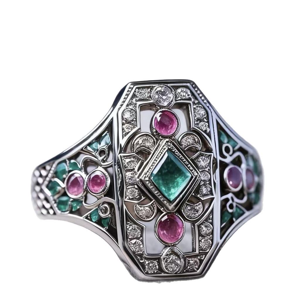 Eco-friendly Alloy Ring with Red & Green Diamonds - 2026 Luxury Court Style
