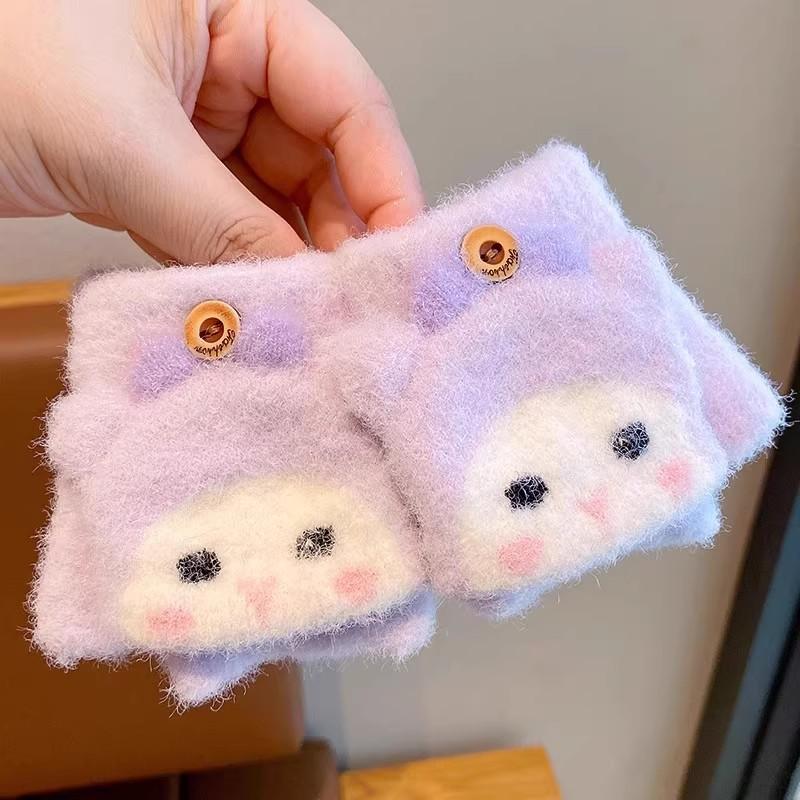Autumn and winter cartoon fruit children's flip gloves open fingers outdoor cold-proof boys and girls baby children half-finger warm gloves