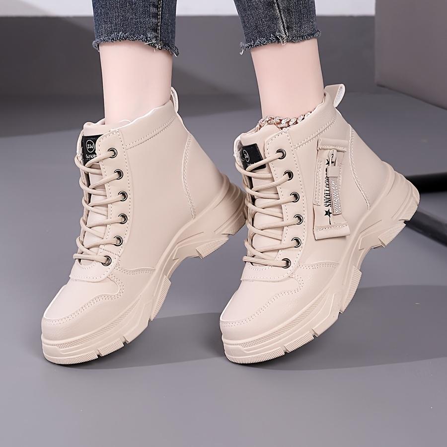 [Tênis Confortáveis] Tênis de Cano Alto Femininos da Moda Leves e Confortáveis | Tecido PU Branco, Sola TPR, Fechamento com Zíper, Perfeitos para Primavera, Outono