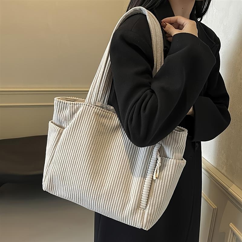 Women'S Large Capacity Corduroy Tote Bag with Multiple Compartments and Side Pockets, Zipper Closure, Fixed Shoulder Straps Casual Travel & Work Bag