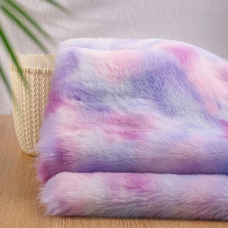 50x180cm Imitation Otter Rabbit Hair Thickened Fabric Tie Dyed Plush Fabric Gradient Rainbow Rabbit Hair Fur Coat DIY Fabric 50x180cm
