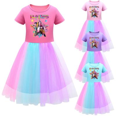 Kids Girls Hunters Rumi Mira Zoey Stage Print Mesh Rainbow Round Neck Short Sleeves Casual Cotton Dress