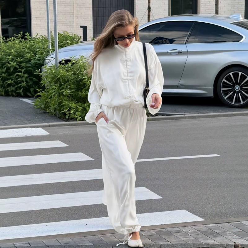 Womens 2-Piece Satin Set 2026 Fall Winter Stand Collar Jacket Wide Leg Pants Loose Casual Outfit
