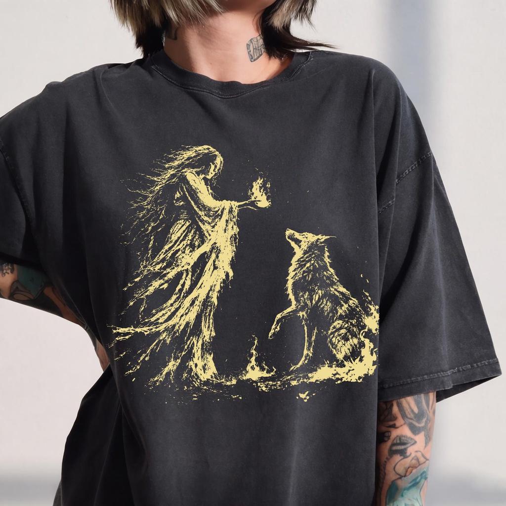 Ethereal Witch Wolf Graphic Tee, Dark Fantasy Mystic Top, Gothic Pagan Clothing