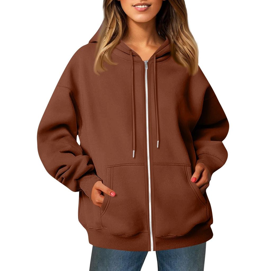 Damen Casual Fashion Solid Color Langarm Tasche Reißverschluss Kapuze Kordelzug Sweatshirt Jacke
