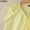 VONDA Summer Women V Neck Ruffled Sleeveless Buttons Up Casual Tank Tops