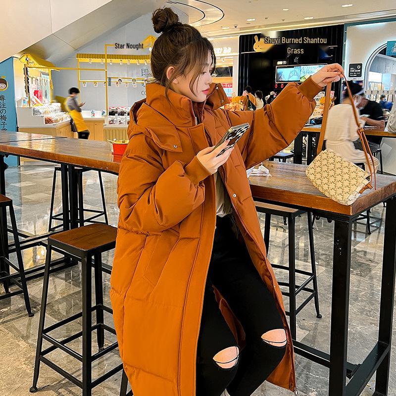 Damen-Daunenjacke im koreanischen Stil, Oversized, mit Kapuze - Baumwollwattiert, mittellang, winterlich warm