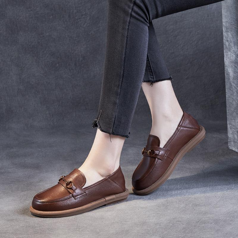 Damen Slipper aus Rindsleder der ersten Schicht, Frühling und Herbst, weiche Sohlen, weiche Oberfläche, Rindsledersohlen, flache Schuhe im britischen Stil, kleine Lederschuhe, Damen-Einzelschu