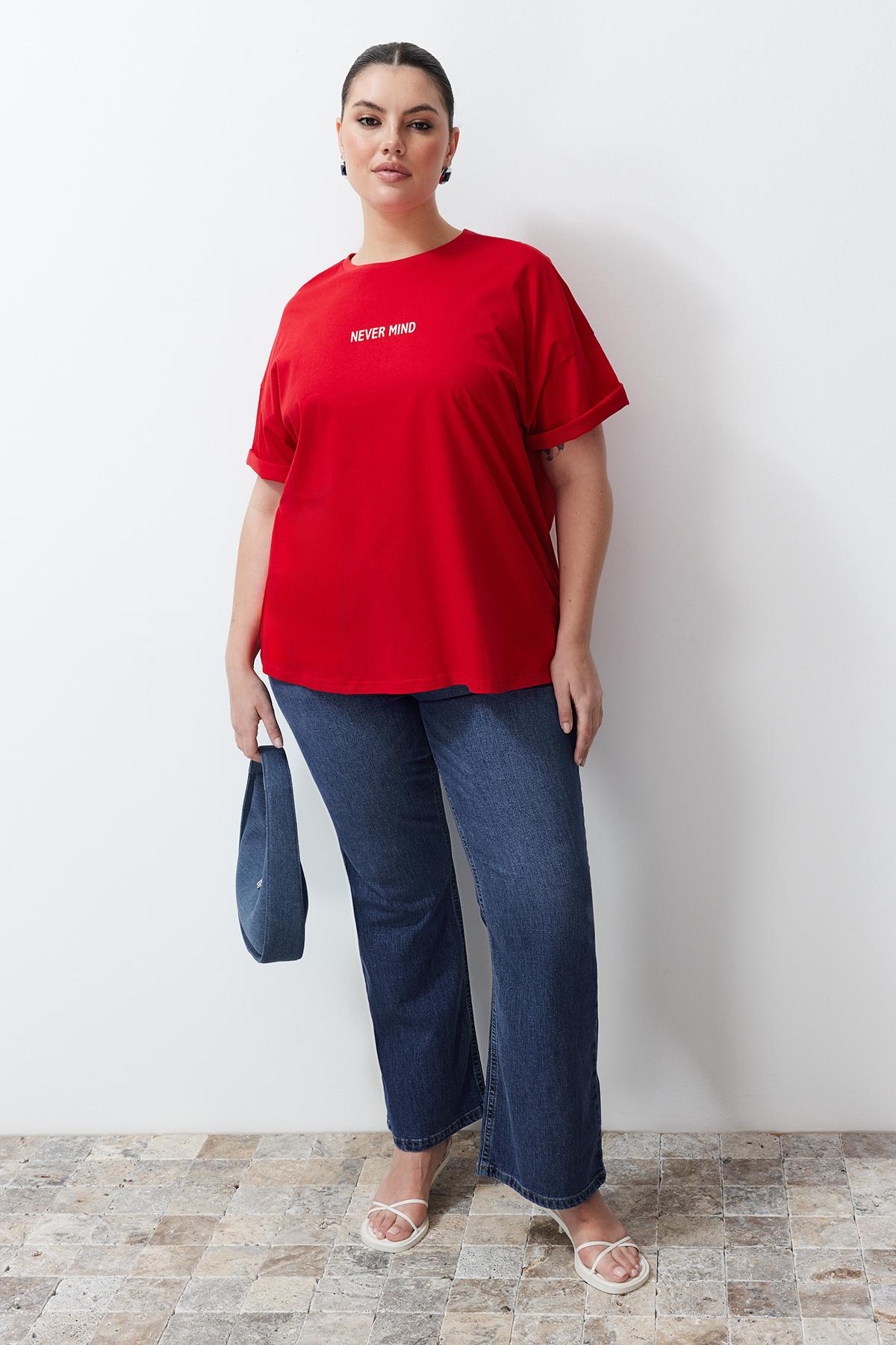 

Women s Style Plus Size Red Slogan Printed Oversize Knitted T-shirt 2XL