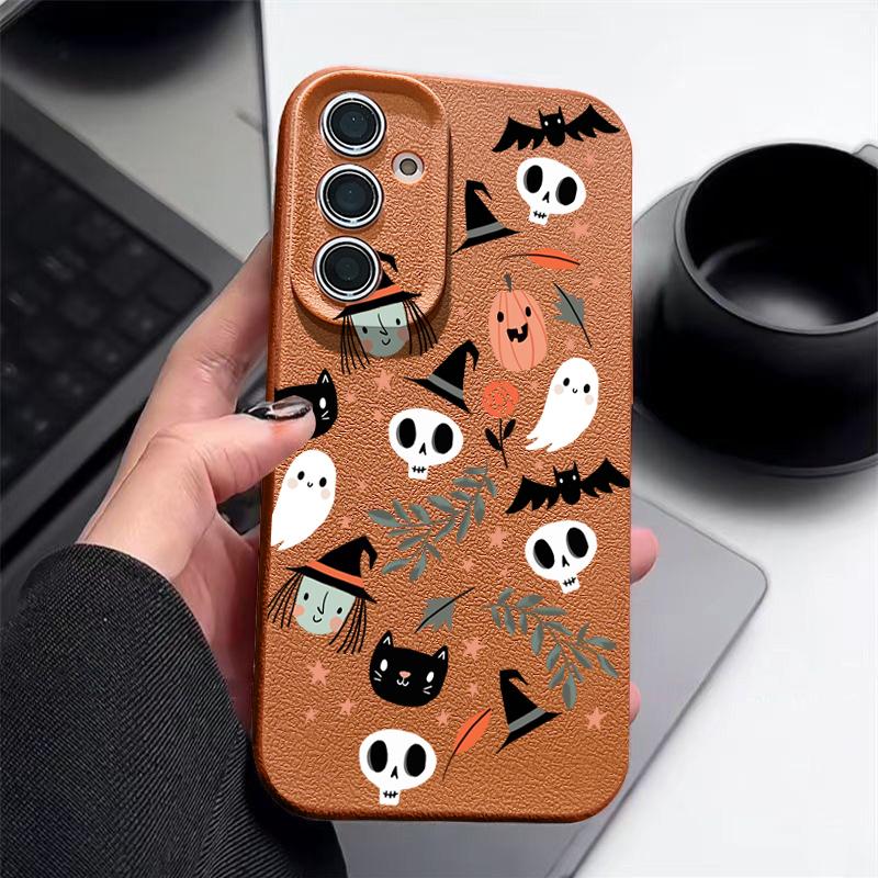 Ghost Pumpkin Pattern Phone Case For Samsung Galaxy S25 S24 S22 Ultra S23 S24 FE A17 A56 A16 A36 A26 A55 A15 A25 A54 5G Leather Texture TPU Shockproof