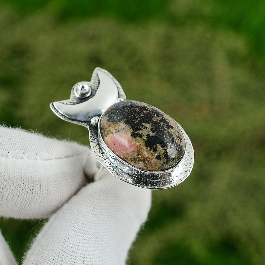 Oval Heart Chakra Natural Rhodonite Solitaire Crescent Moon Ring Sterling Silver Adjustable