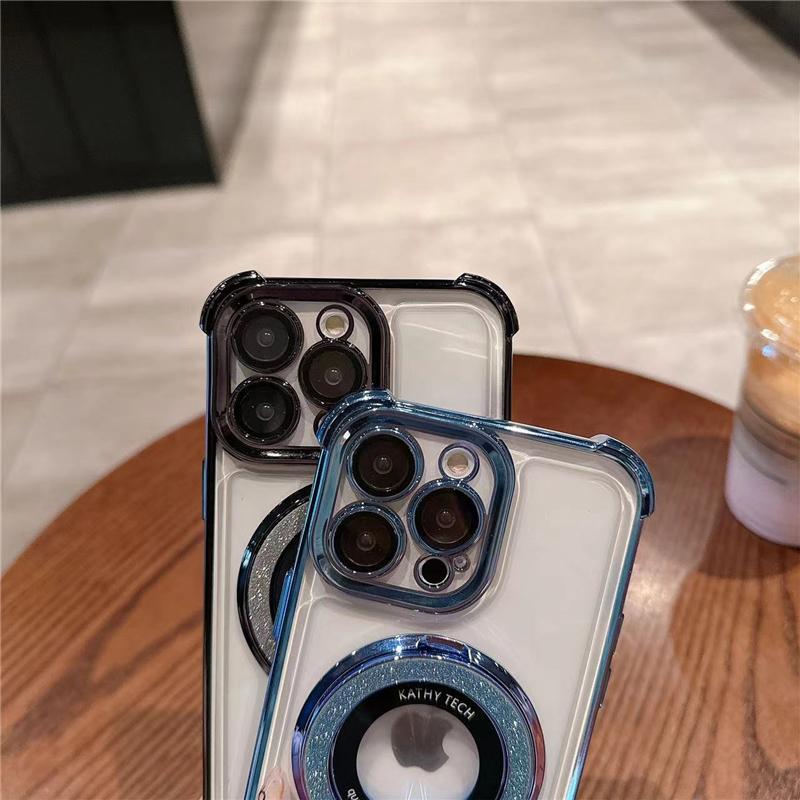 For iPhone 16E 16 Pro Max Luxury Flash Holder Stand Plating Frame Phone Case For iPhone 11 12 13 14 15Plus Lens Protective Cover