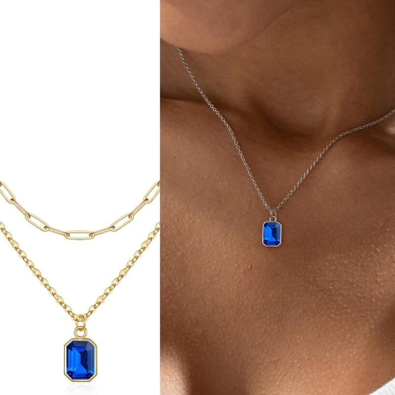 Elegant Double Layer Necklace Featuring December Birthstones And 18k Gold Plating Rectangular Design Neckchain For Women