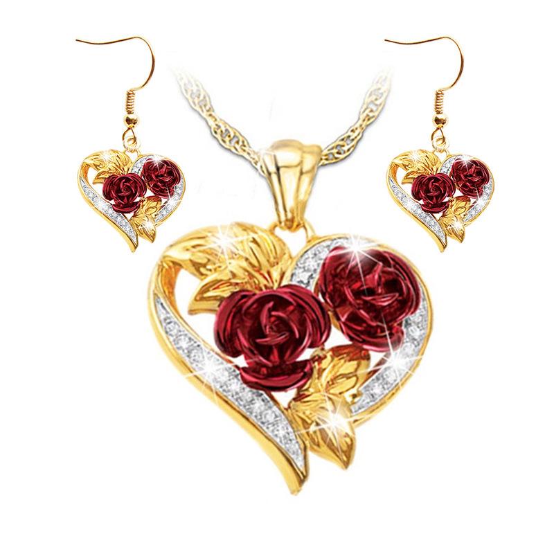 Heart-Shaped Rose Earrings & Necklace Set - Women's European & American Fashion Jewelry
