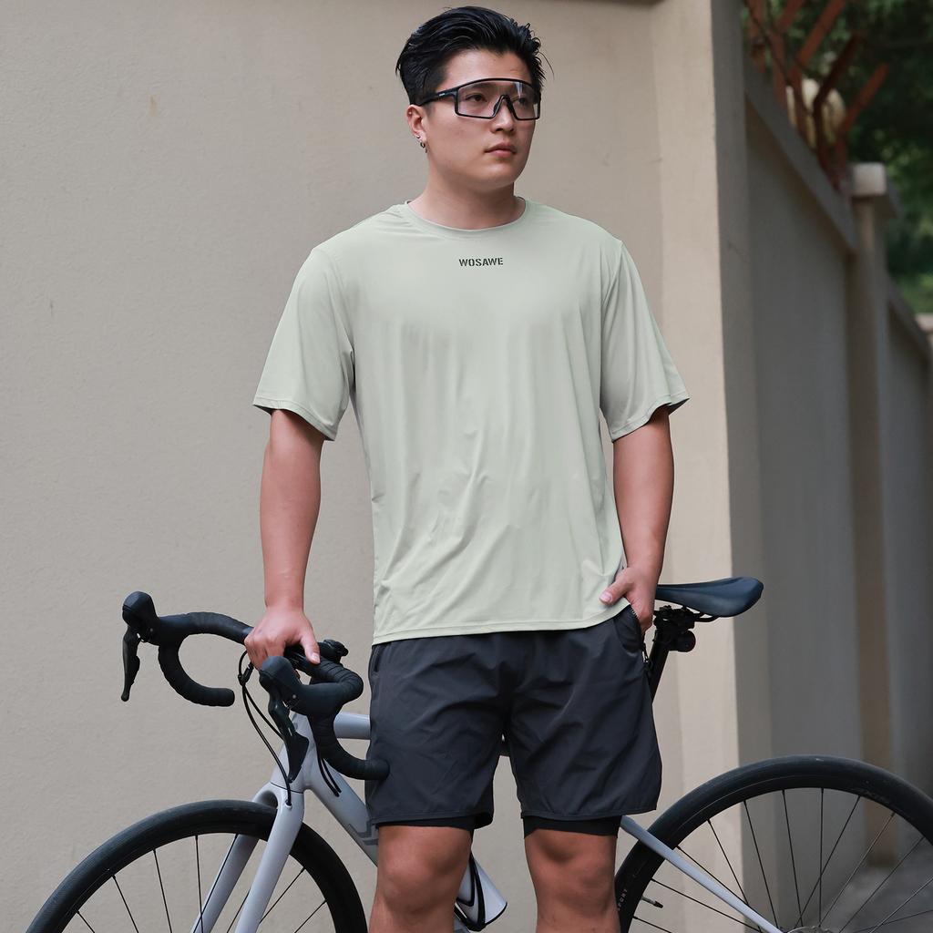 WOSAWE Męska i Damska Koszulka z Krótkim Rękawem na Rower Górski Outdoorowy Jazda na Rowerze Zestaw Spodenek MTB 2 w 1 z Wkładką