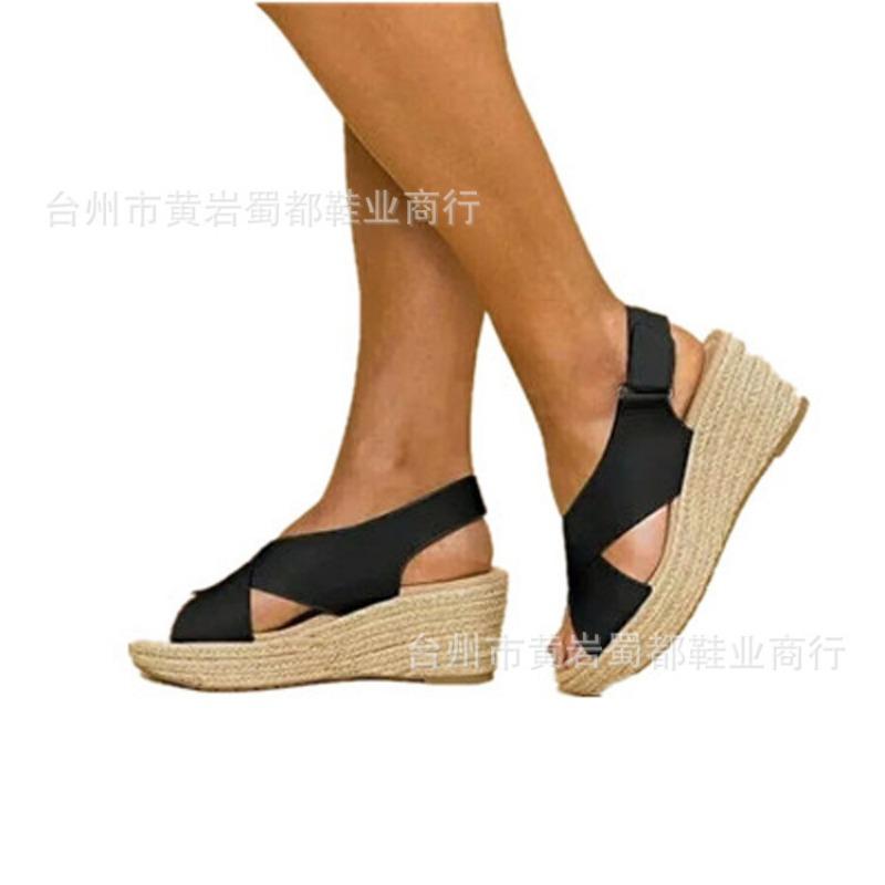 Large size hollow hemp rope muffin thick-soled sandals women's straw buckle wedge heel fish mouth sandals