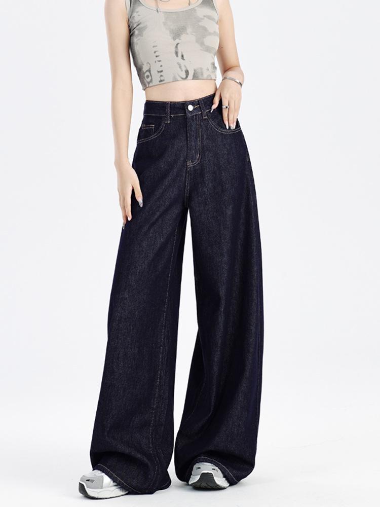 2024 Women's Retro Deep Blue High-Waist Wide-Leg Jeans