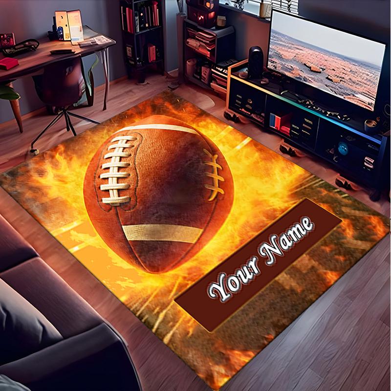 1PC Custom Name Football Fire Theme Floor Mat Ideal for Living Room, Game Rooms, Office, Bedroom, Office Floor Mat , Floor Mats for Home
