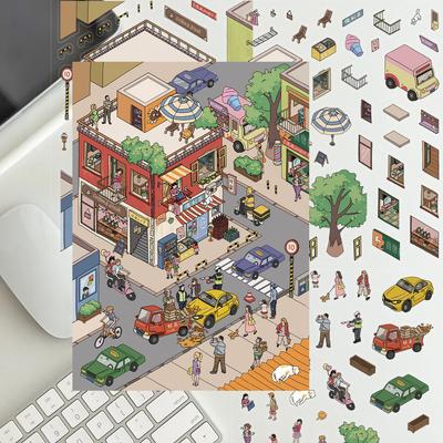 Cartoon Large Version of Small Town Landscaping Stickers for Weekend 3D Miniature World Unzipping DIY Scene Account