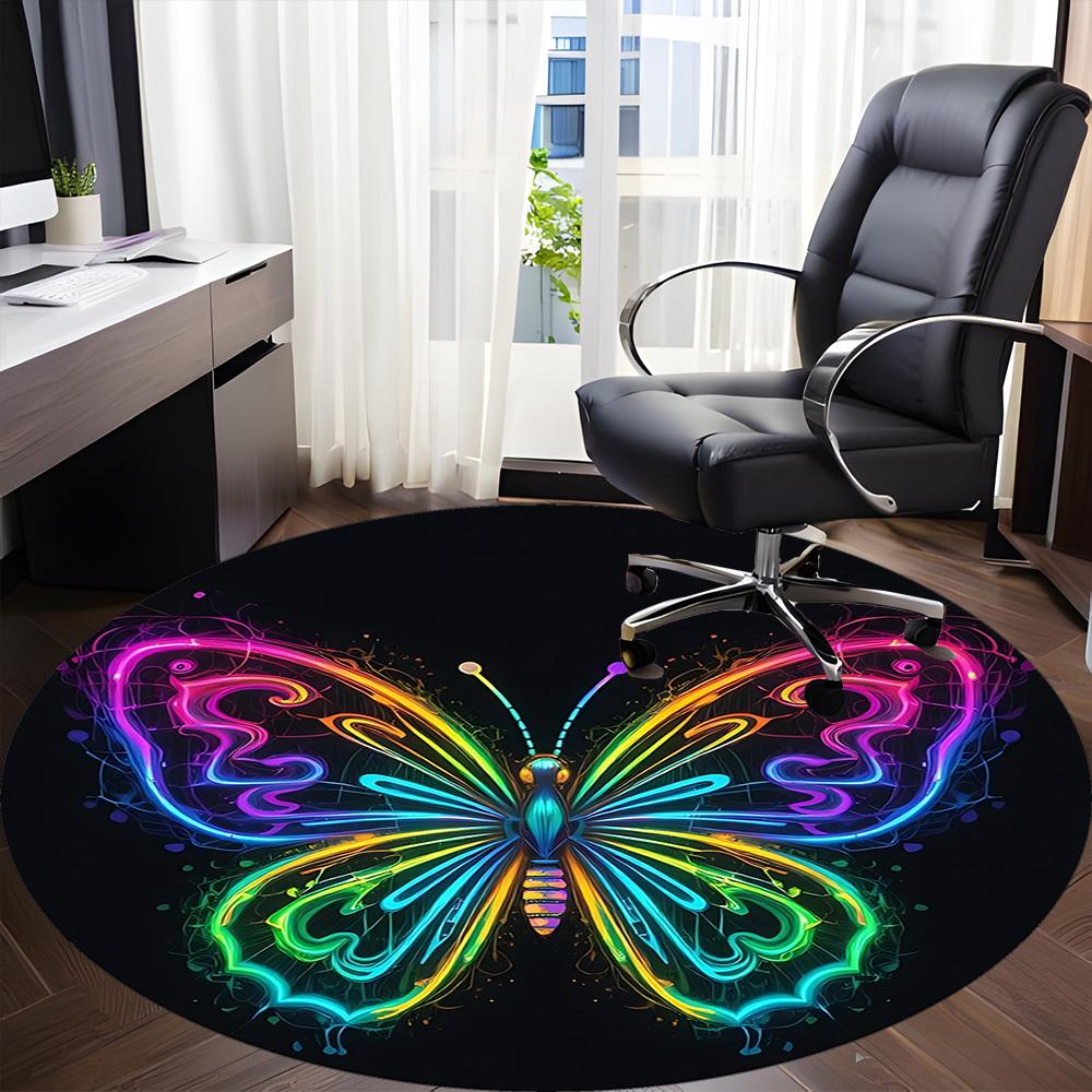 1PC Neon Butterfly Office Round Area Rug, Indoor Mat Suitable For Office, Under Office Chairs Bedroom Living Room Home Decor, Room Deco 105