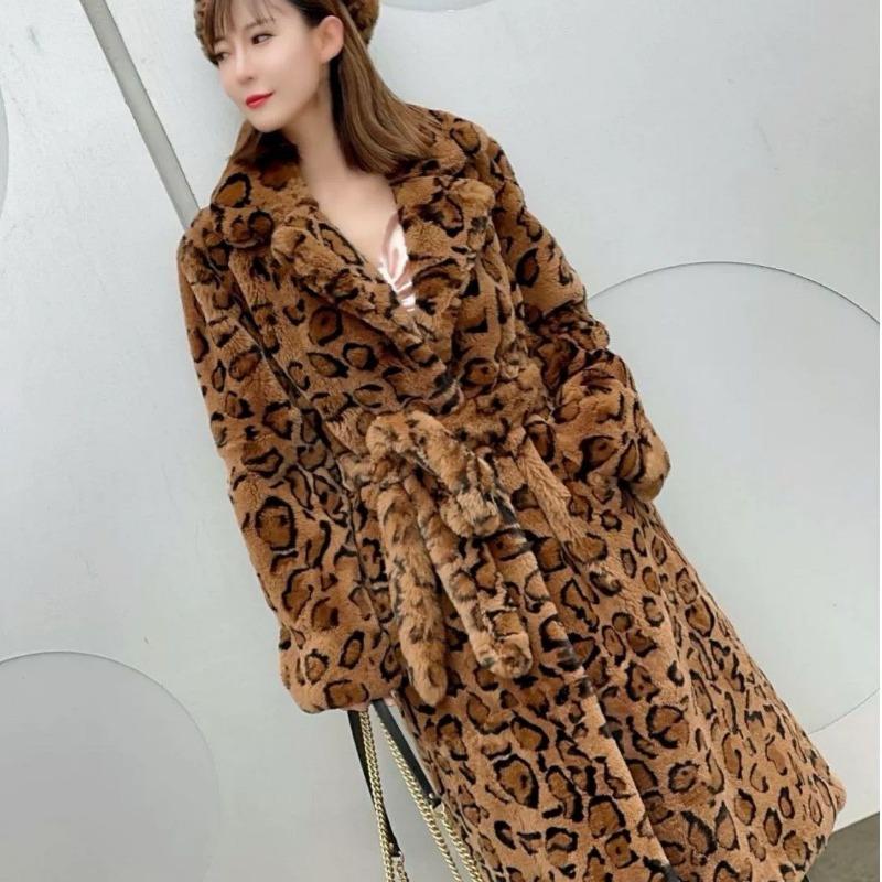 Suit Collar Fur Waist Long Leopard Print Coat Loose Imitation Fur Jacket Women Autumn and Winter