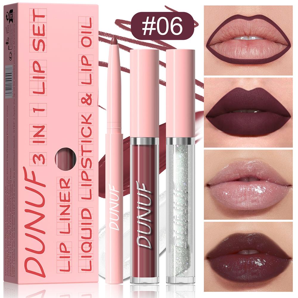 3Pc Velvet Matte Lipstick Pen Nude Brown Lip Liner Pencil Kit Rose Red Matte Lipliner+Lip Gloss+Lip Oil Set Waterproof Lips Tint