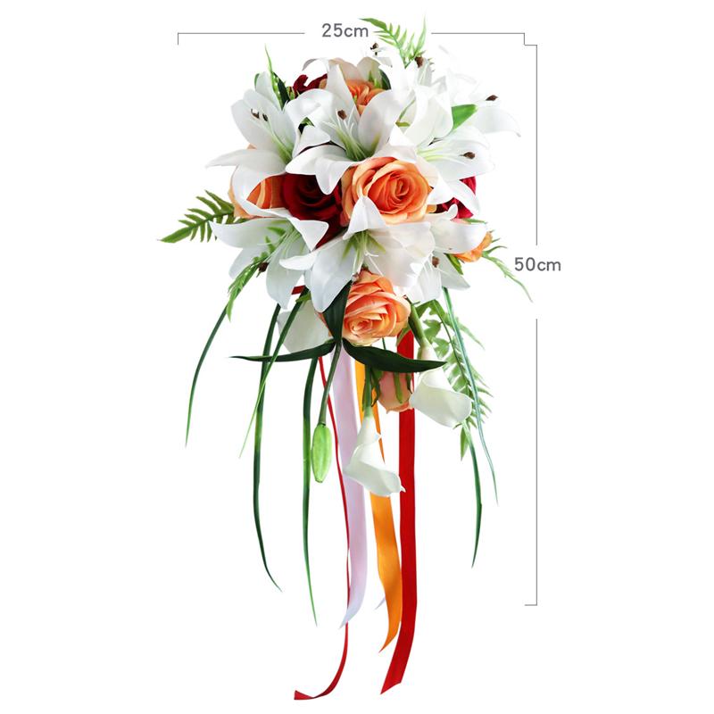 Wedding Bouquet for Bride Orange Roses Lily Wedding Bridal Bouquet Waterfall Bride Holding Flower Artificial Flowers Bouquet
