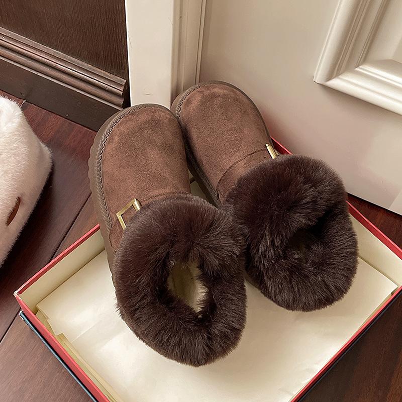 

2025 осень и зима новые маффины с волосатым голенищем, зимние ботинки женские, корейская версия, короткие, на толстой подошве, с круглым носком, с ремешком и пряжкой, хлопковые ботинки 41 темно-коричневого