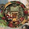 Vintage Santa Fireplace Christmas Round Wooden Hanging Sign, 2D Flat Printed Floral Wreath Front Door Decor, Xmas Gift Tree Wall Ornament Gift