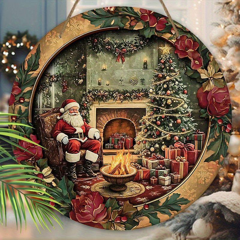 Vintage Santa Fireplace Christmas Round Wooden Hanging Sign, 2D Flat Printed Floral Wreath Front Door Decor, Xmas Gift Tree Wall Ornament Gift