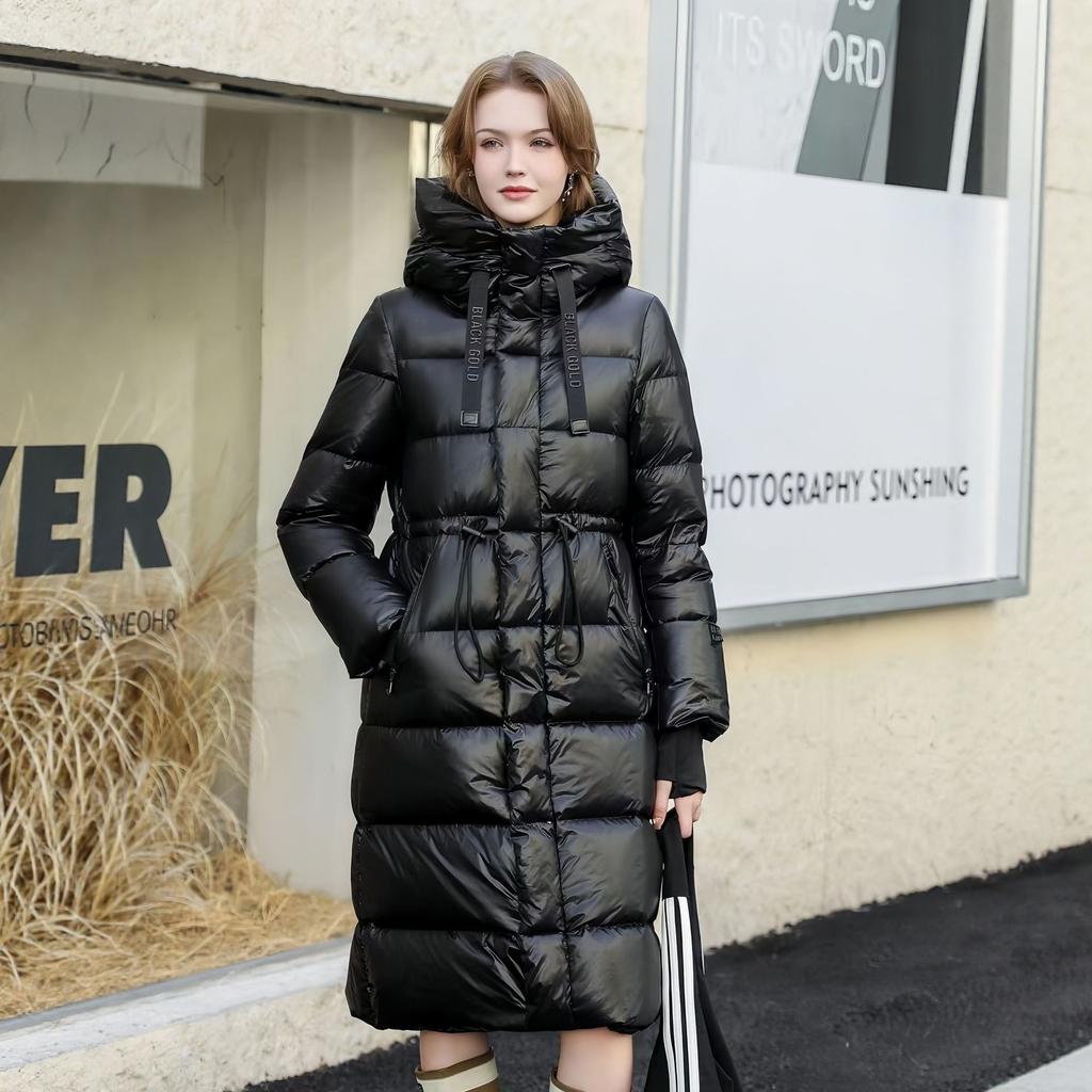Black and gold goose down jacket eight-grid waist model, winter glossy long model, thickened and thin loose hooded down jacket women