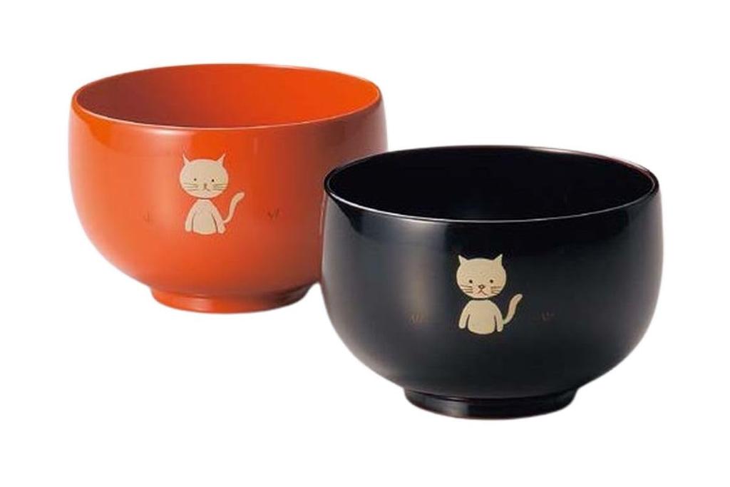 J-kitchens Cat Soup Bowls, Black and Vermilion (2 Bowls), 9.2cm, Hand-painted Lacquer, Made In Japan