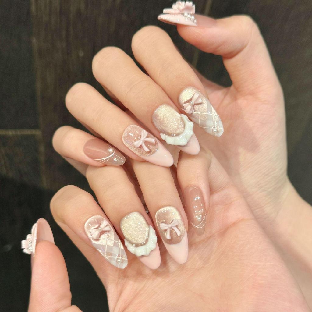 10pcs Handmade Press on Nails French Cat Eye Pink Bow Decor Korean False Nails Wearable Full Cover Ins Almond False Nail Tips
