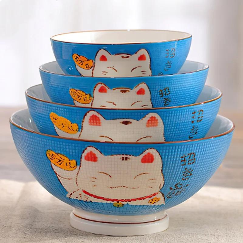 Ceramic High Bowl Multi-Sized Colorful Lucky Cat Soup Bowl Salad Bowl Underglaze Kitchen Household Tableware Children's Couple