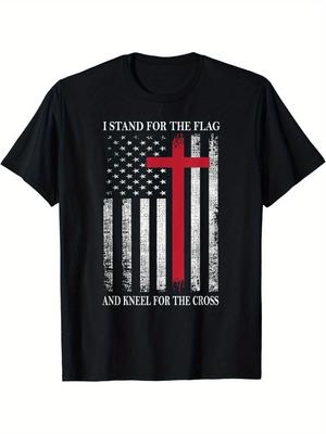 T-shirt pour homme Motif Foi Chrétienne et Drapeau Américain Je me tiens pour le Drapeau Je m'agenouille pour la Croix Design Style Vintage