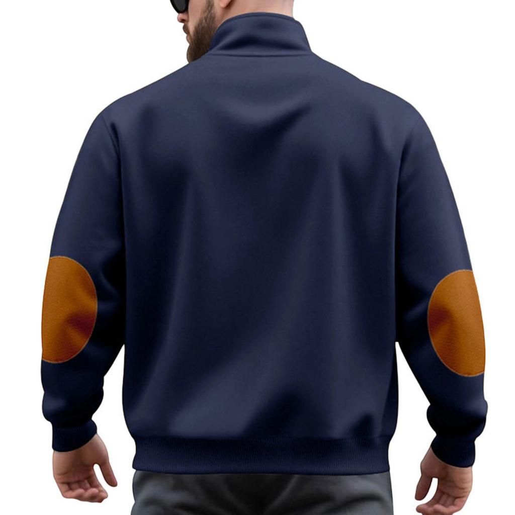 Men's Casual Oversized Solid-Color Outdoor Fleece-Lined Patchwork Zipper Stand-Up Collar Sweatshirt