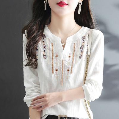 Bluse Bianche Primavera Autunno da Donna Bluse Casual da Signora Ricamo Scollo a V Manica Lunga Vintage Ampie