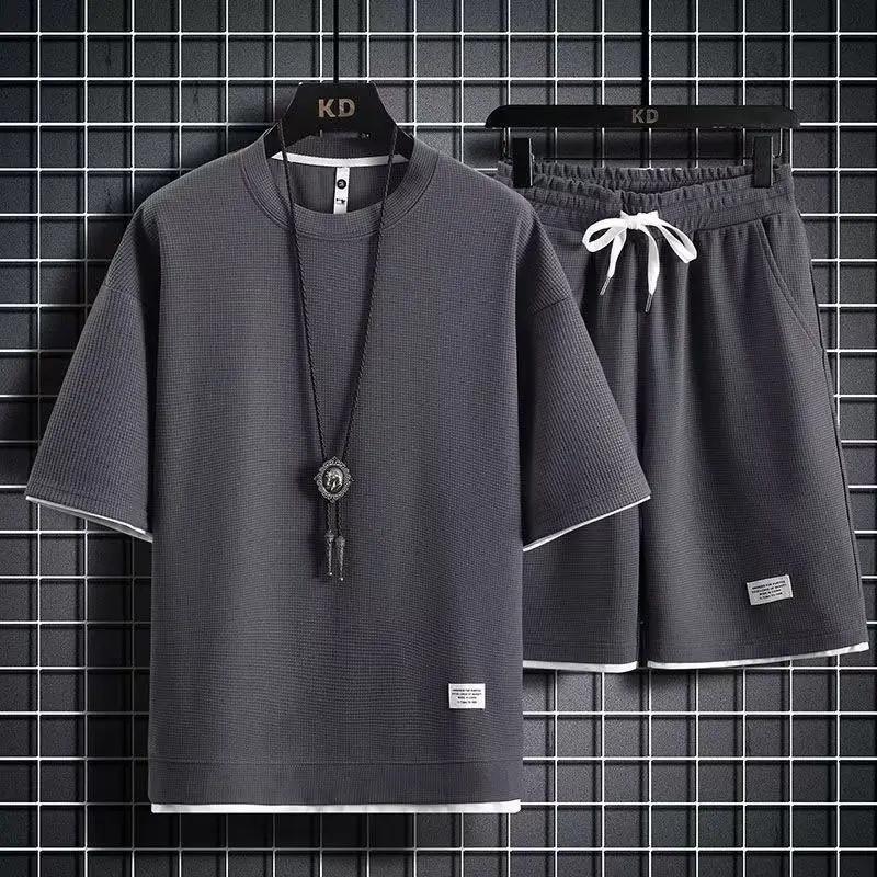 Ice Silk Waffle Sports Set: Loose Half-Sleeve T-Shirt & Half-Pants for Summer Leisure