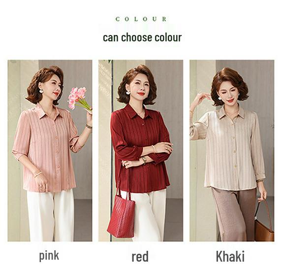 Stylish Striped Seven-Sleeve Blouse for Middle-Aged Moms - Trendy, Slimming Cardigan Shirt
