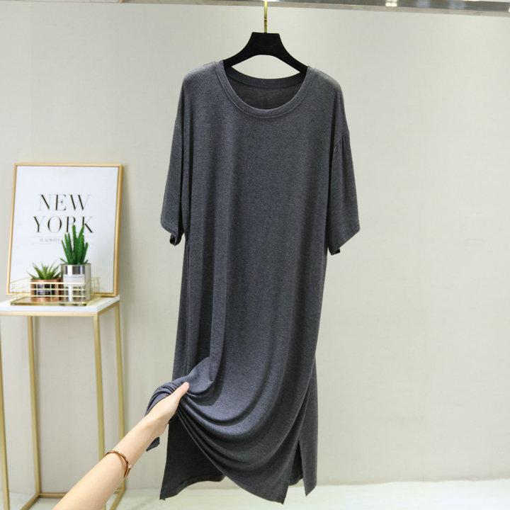 Women's Crew Neck Half Sleeve Midi Dress Loose Fit High Waist Modal Side Split Big Swing Solid Casual Summer Plus Size Long Dress
