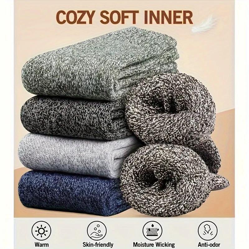 3/5 Pairs Men'S Warm Socks, Thick Towel Mid-Calf Socks, Anti-Cold Snow Boots Socks Elastic Solid Color