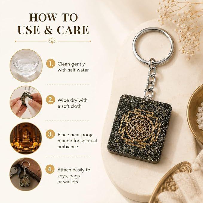 Shree Yantra Pyrite Keychain for Wealth and Prosperity Crystal Keychain