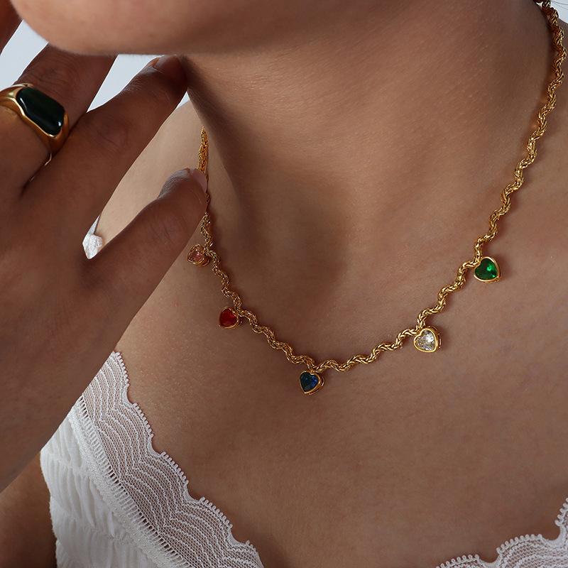 1 Pc Fashion Versatile Colorful Zirconia Love Shape Color Clashing Geometric Irregular Shape Necklace Collarbone Necklace Female