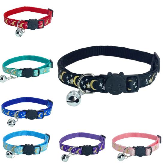 Pet Collar Cat Face Safety Buckle Quick Release Adjustable Length Soft Bell Hot Stamping Star Moon Design Cat Collar