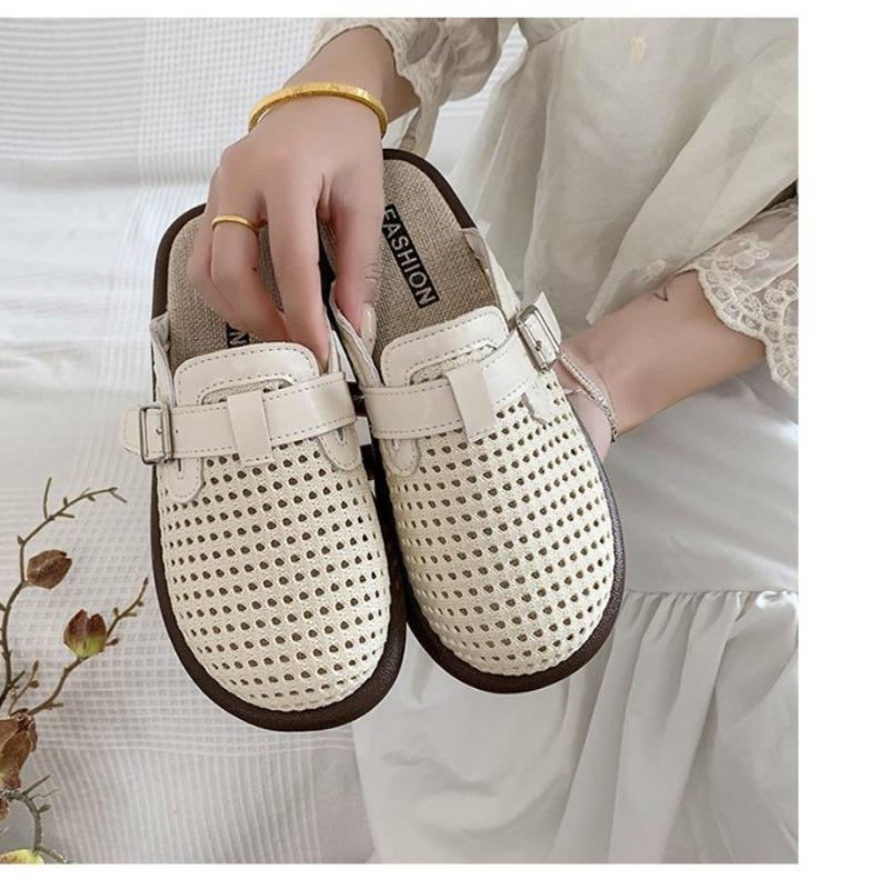 

Fashion Flat Half Slippers Genuine Leather 2025 Summer Soft-soled Casual Women s Sandals Large Hollow Out Female Slides Buckle 35 бежевый