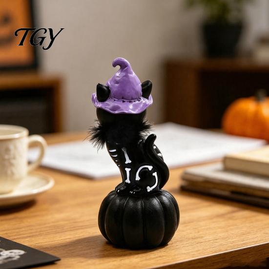 Creative Halloween Home Accents Pumpkin Witch Hat Black Cat Ornament, Resin Desktop Skeleton Festive Holiday Showcase Decor Statue, Cartoon