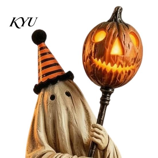 Lustige Halloween-Party-Dekoration, beleuchtete Geisterfigur mit Fernbedienung, Vintage-Harzstatue, leuchtender Kürbis, mysteriöse Feiertagsatmosphäre, Geschenk