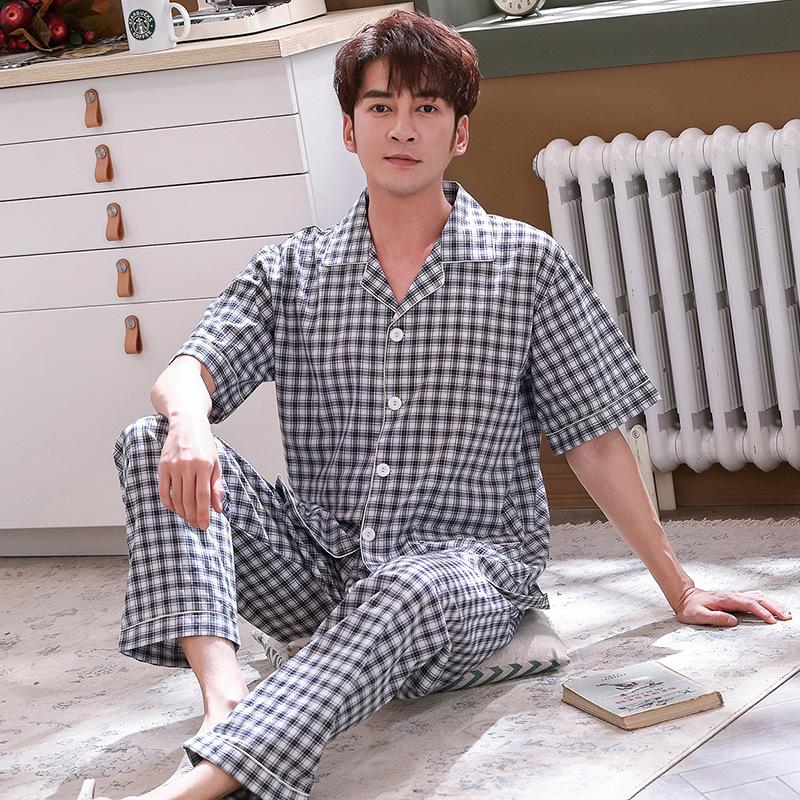 

Мужской клетчатый хлопковый кардиган для пижамы с коротким рукавом - Летняя повседневная домашняя одежда XXL